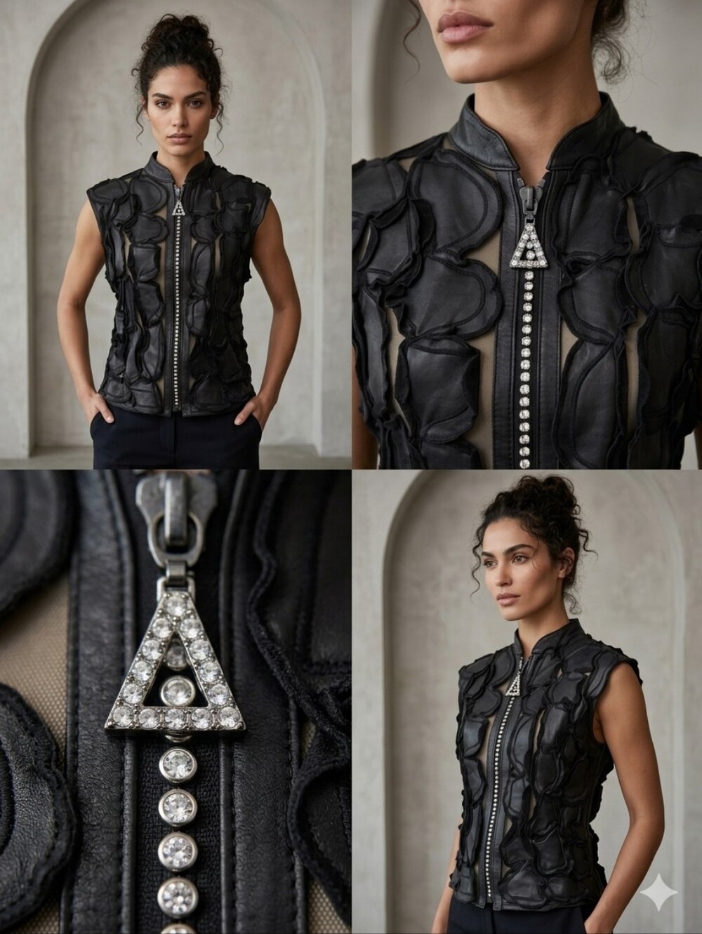 Natto Vintage Black Genuine Lambskin Leather Leaf Mesh Zip Vest Medium M